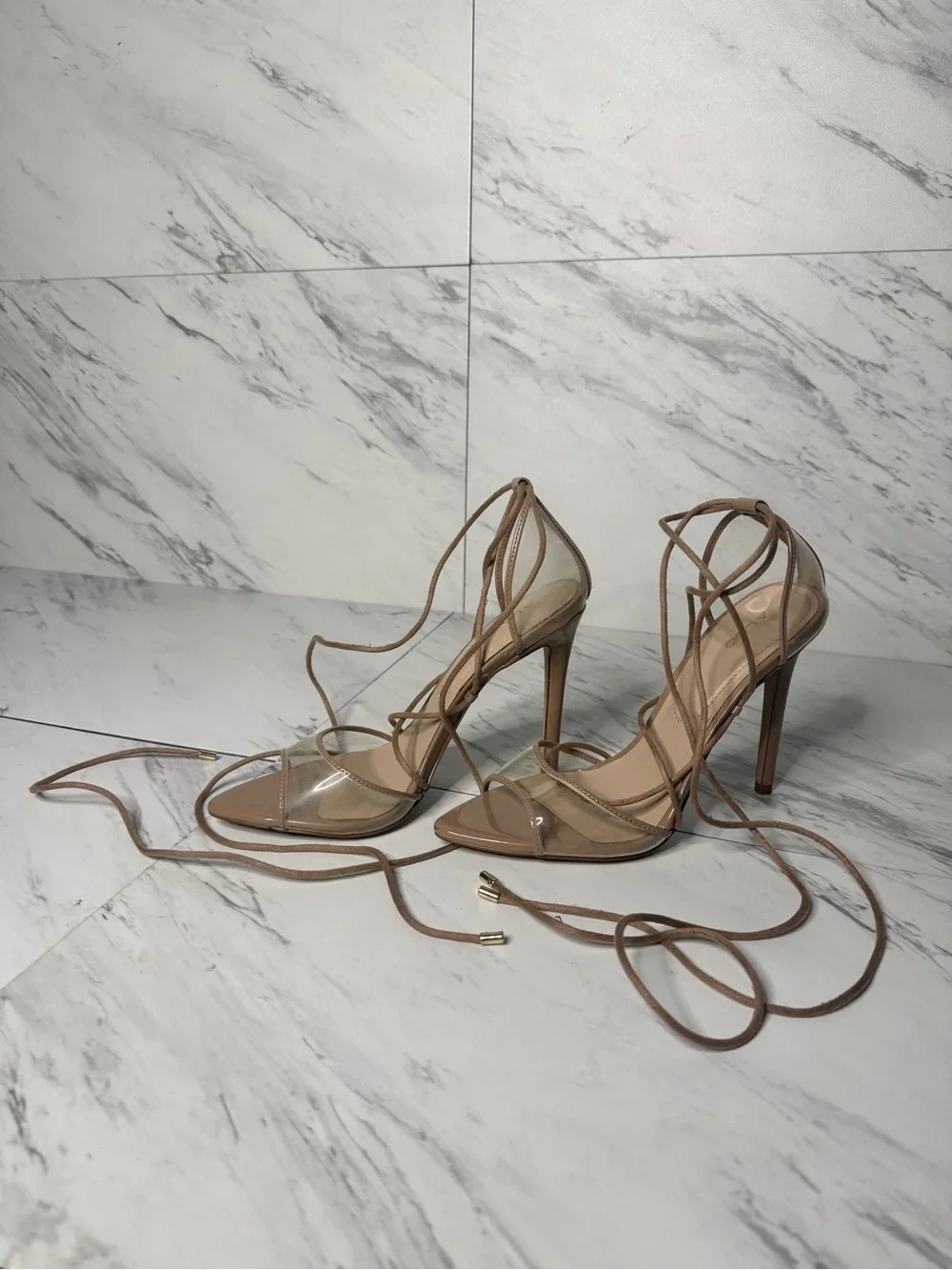 Aldo Amenabar Nude Clear Strappy Lace Up Stiletto Heeled Sandal Size 8